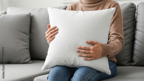 Blank square white cushion mockup held by a person on a couch.