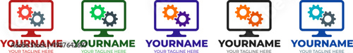 Technical support logo set with computer monitor and gear icons, 5 colorful vector elements for IT services and software development, digital maintenance and system optimization branding symbols.
