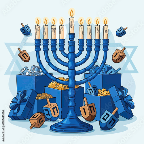 Blue Hanukkah Menorah with Dreidels and Gift Boxes.