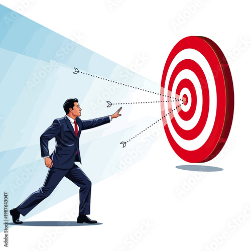 Businessman directing arrows toward a bullseye target.