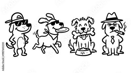 Cartoon dogs posing wearing accessories