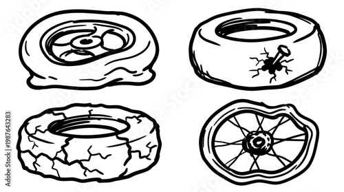Damaged wheel tire illustrations