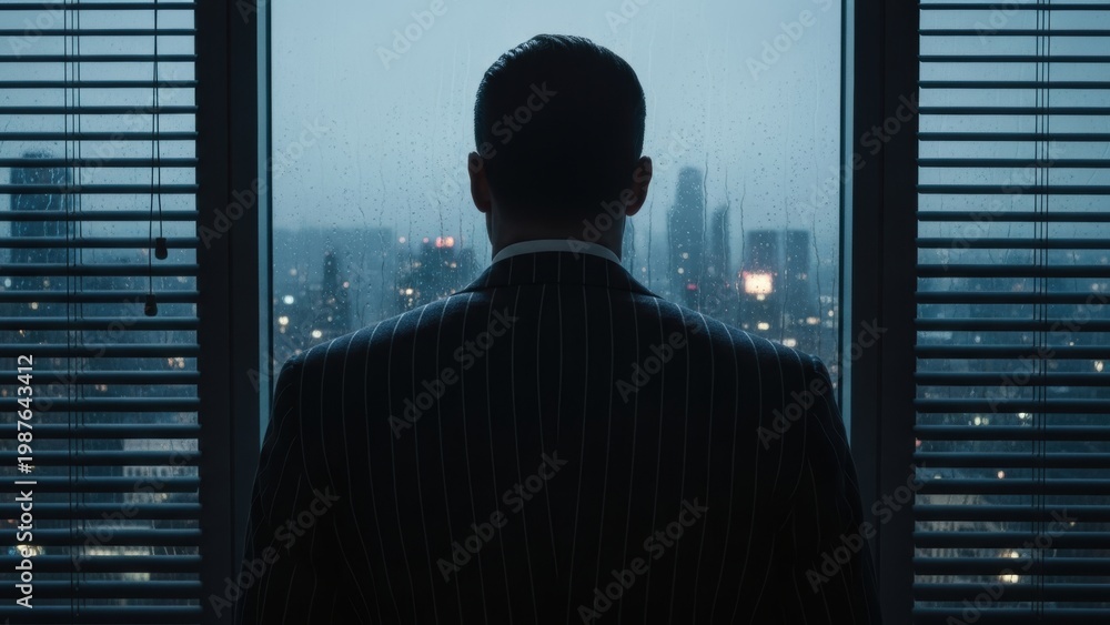 Fototapeta premium Man in a pinstripe suit looking out a window at a rainy city skyline at night.