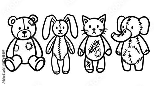 Stuffed animal toys outline illustration
