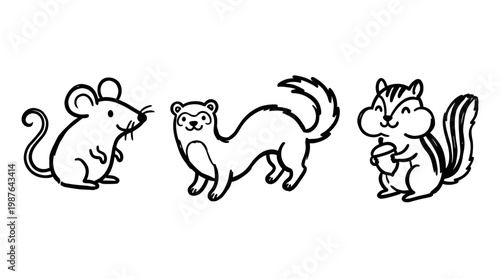 Cute black and white line art of a mouse, ferret, and chipmunk