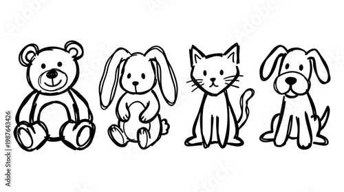 Cute hand-drawn black and white line art of toy animals and pets: bear, bunny, cat, and dog illustration for kids.