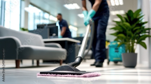 Professional cleaners vacuuming office floor for hygiene, copy space
