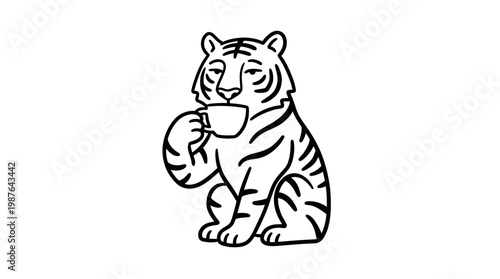 Black and White Line Art of a Tiger Drinking Coffee
