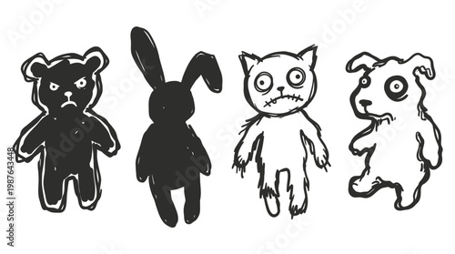 Creepy Black and White Line Art of Four Sketchy Stuffed Animals