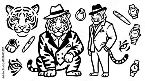 Tiger in suit illustrations and elements