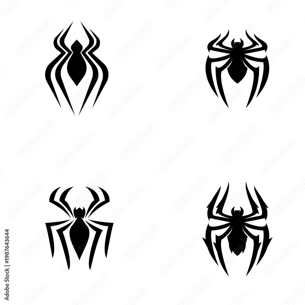 Fototapeta premium Four Black Stylized Spider Logos Collection on White Background