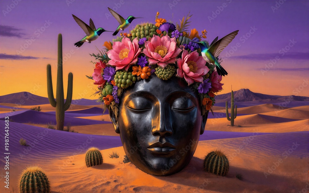 Fototapeta premium Desert head adorned with flowers and hummingbirds cacti scattered