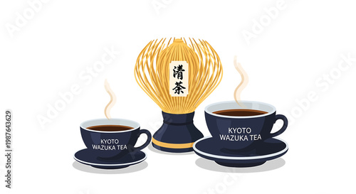 Kyoto Wazuka Tea Set Illustration with Cups and Bamboo Whisk