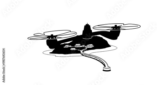 Futuristic Floating Island Drone Village Concept Vector Illustration