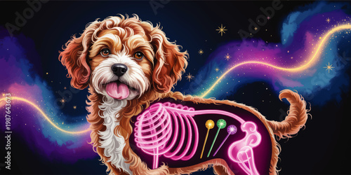 Cute Curly Puppy with Neon Xray Anatomy Illustration in Cosmic Space Background, Vibrant Educational Veterinary Art
