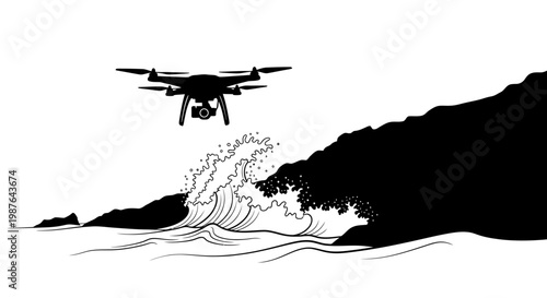Vector Illustration of Drone Flying Over Ocean Waves and Coastal Cliffs