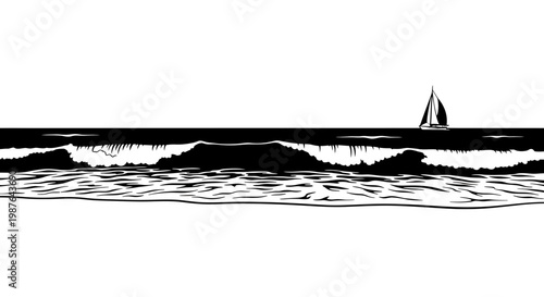 Black and white seascape vector illustration with sailboat and waves