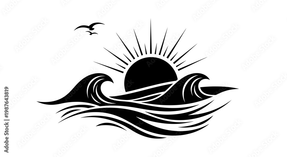 Fototapeta premium Minimalist Ocean Wave and Sun Silhouette Vector Illustration