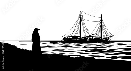 Silhouette of Person Watching Sailing Ships at Sea Vector Illustration