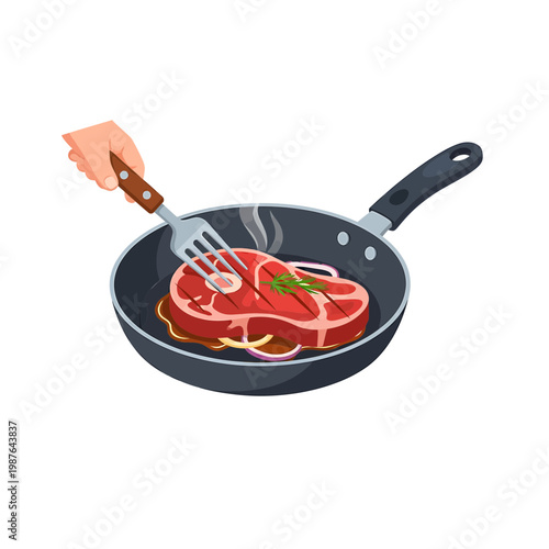 Vector illustration of cooking a beef steak in a frying pan