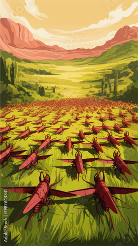 Massive locust swarm invading lush desert valley landscape, dramatic pest outbreak illustration with red cliffs and green plains