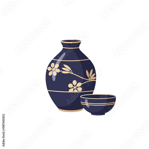 Traditional Japanese Sake Bottle and Cup Vector Illustration