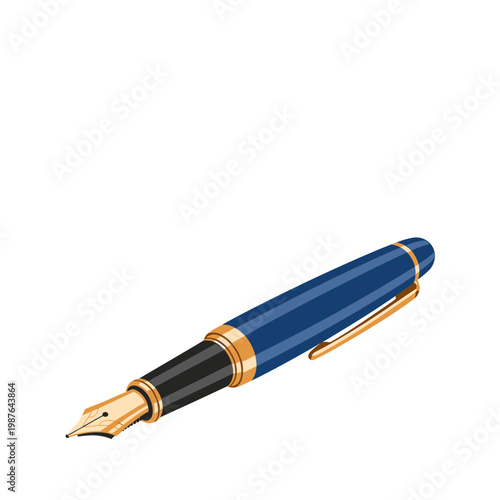 Elegant Blue and Gold Fountain Pen Vector Illustration