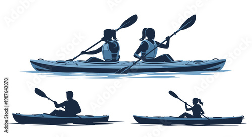 Set of Kayaking Silhouettes with Tandem and Single Kayaks