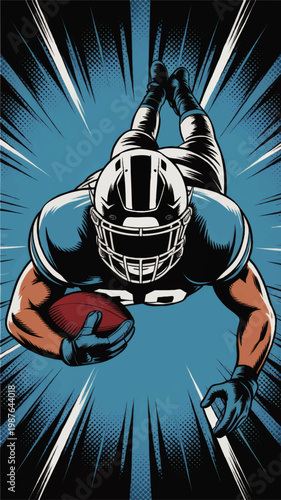 Dynamic American Football Player Diving with Ball in Comic Style Illustration, Blue Burst Background, Action Sports Poster