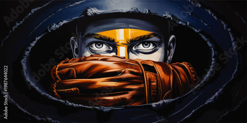 Intense baseball pitcher portrait with glove over face, dramatic eyes, dark hooded composition, stylized sports illustration