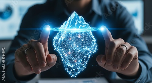 Root cause analysis concept. A business analyst's hands touch a holographic iceberg, with the largest part submerged, representing hidden data or root causes.