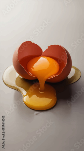 Cracked brown egg with flowing golden yolk and spilled egg white on gray surface, minimalist food still life close up
