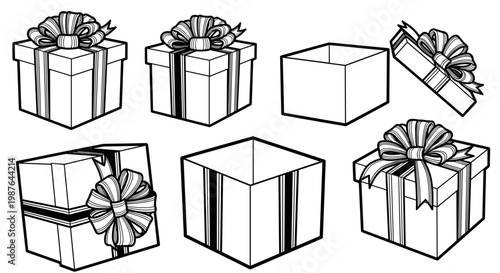 A set of minimalist gift box icons in various orientations and styles