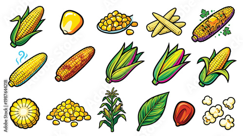 A vibrant collection of diverse corn illustrations, showcasing whole ears, kernels, corn on the cob, and popcorn, presented in a visually appealing grid.