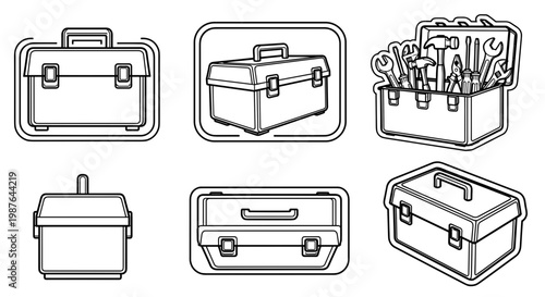A set of six toolboxes and briefcases in a minimalist line art style
