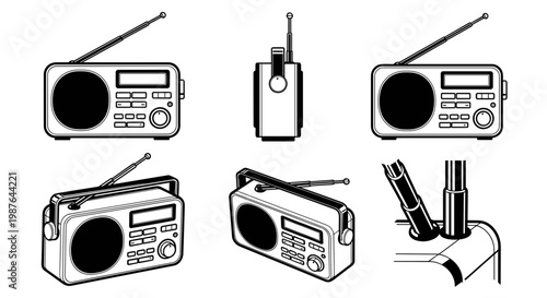 A set of vintage radio devices in a minimalist line art style