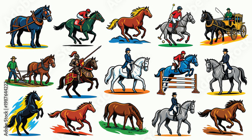 Collection of diverse horse illustrations depicting various activities and breeds, including racing, farming, and historical equestrian scenes.