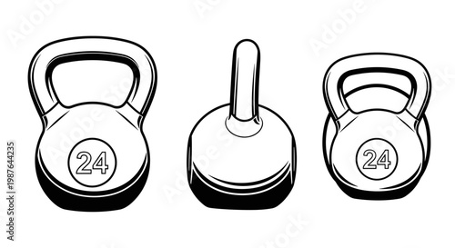 A set of black and white vector kettlebells for fitness and exercise