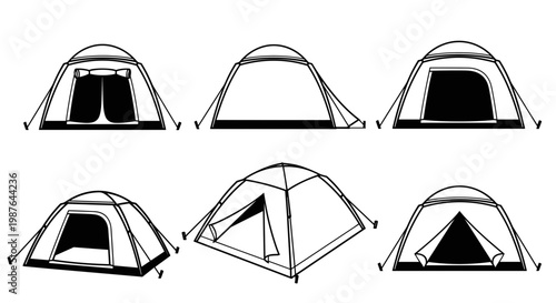 A set of six different tent designs in a simple line art style on a white background