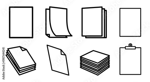 A set of minimalist icons depicting various paper documents and sheets in a simple line art style