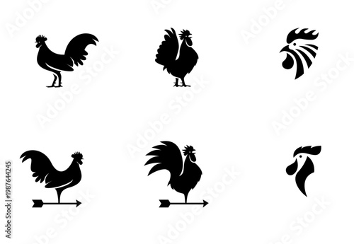 Rooster Silhouettes Vector Set. Black Chicken Icons for Farm Logos, Poultry Industry Branding, and Food Packaging Designs. Minimalist Graphic Illustrations.