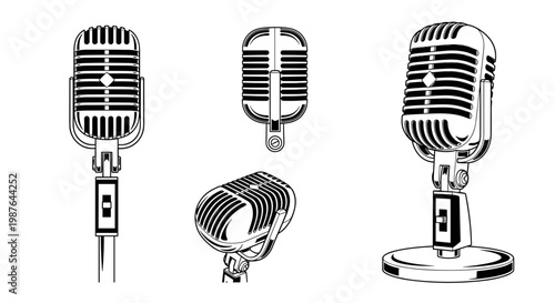 A set of vintage microphones in a minimalist line art style
