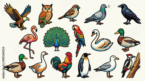 A vibrant collection of diverse bird species, showcasing their unique features and colors in a detailed illustration.