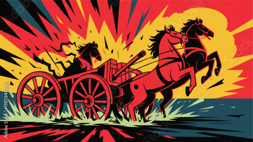 Dynamic vintage vector of runaway horse cart during fiery explosion, dramatic retro poster style with bold red yellow action scene
