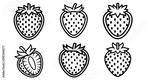 A set of six strawberries in a simple line art style on a white background