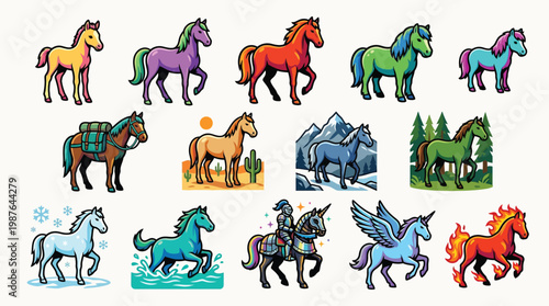 A vibrant collection of diverse horse and unicorn illustrations, showcasing various colors, settings, and mythical elements.