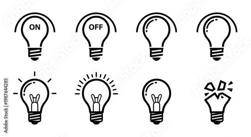 A set of light bulb icons in various states of illumination and design