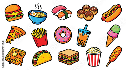 A vibrant collection of popular fast food and snack items, including a burger, ramen, sushi, pizza, fries, donut, boba tea, ice cream, waffle, taco, sandwich, popcorn, and hot dogs.