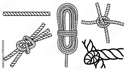 A vector graphic illustration of various knots and ropes in a minimalist line art style