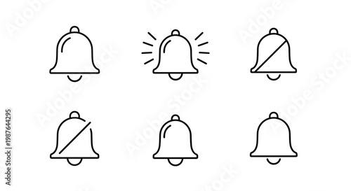 A set of six minimalist bell icons in various states of notification